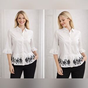 Kate Spade White Blouse Bell Sleeve Peplum Black Embroidery Size XS